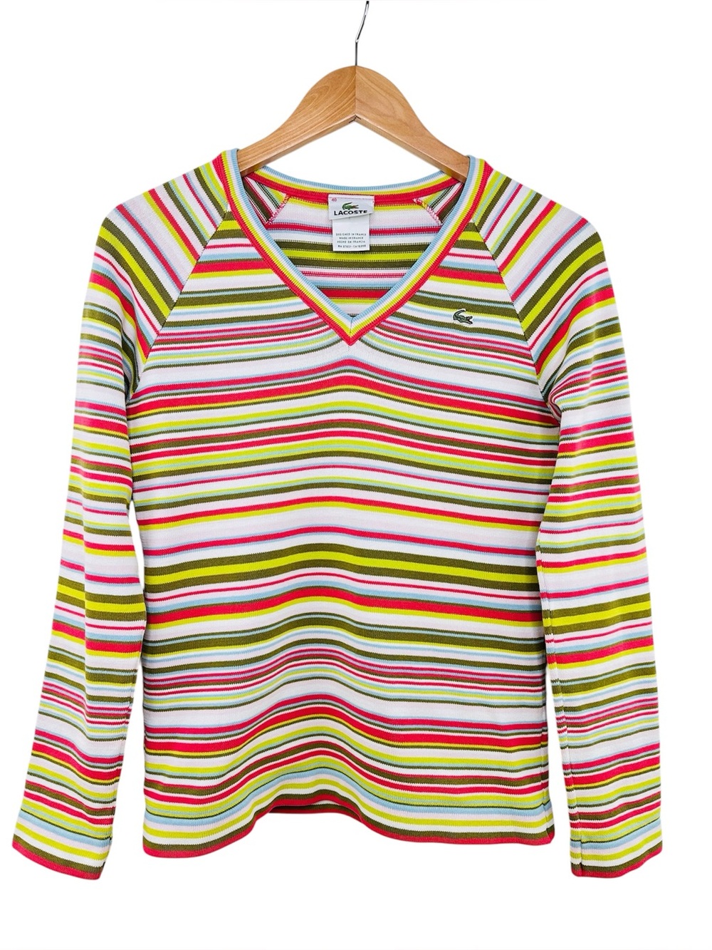 Vintage Lacoste Multicolor Striped V-neck Long Sleeve Knit Pullover Sweater SZ M